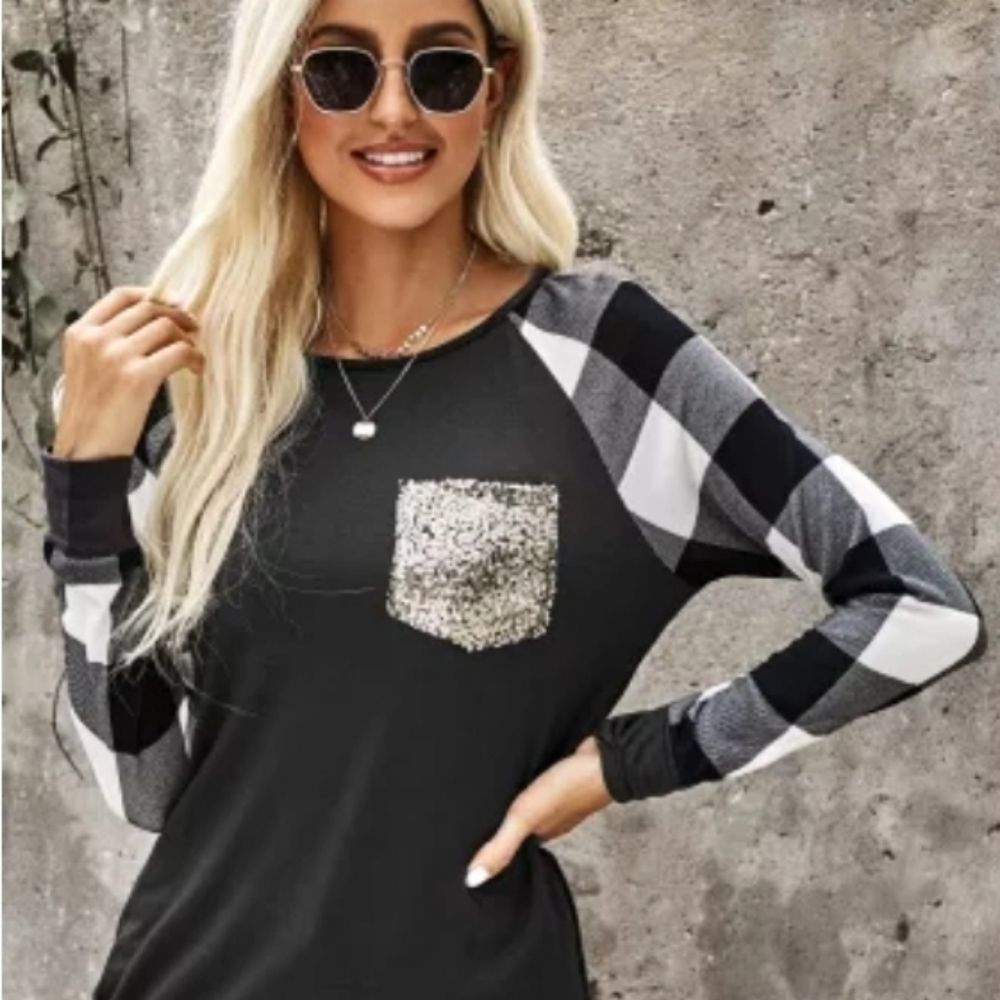 Women's plaid and sequin long sleeve tee